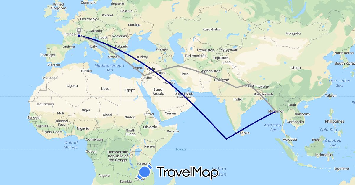 TravelMap itinerary: driving, plane in Switzerland, India, Iran, Jordan, Myanmar (Burma), Maldives, Nepal (Asia, Europe)